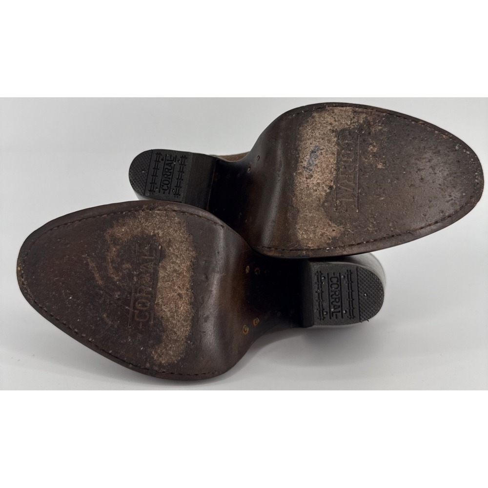 Corral Mule Heels Women 6M Brown Tooled Leather Western Slip On - Picture 7 of 12